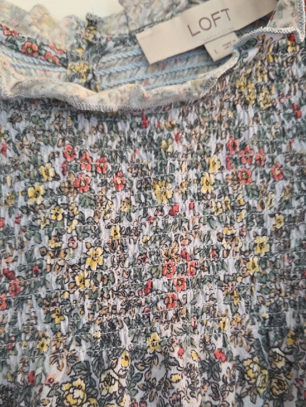 LOFT Floral Smocked Puff Sleeve Top - Gray with Red, Yellow & Green Floral Print